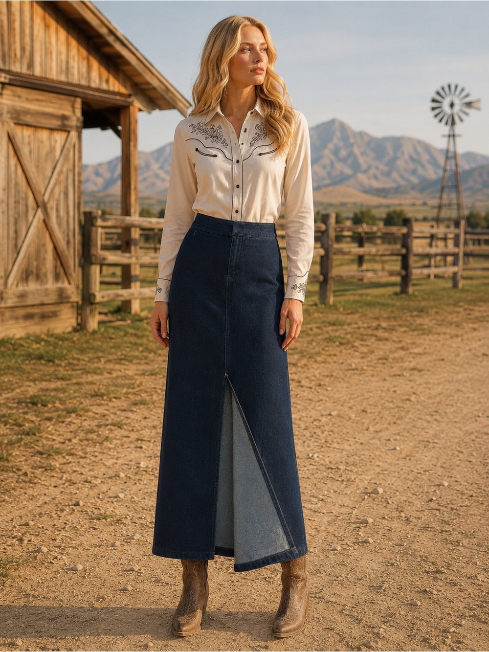 NY Jeans Denim Maxi Skirt Sz 12 Dark Wash Front Slit Side Pockets Western Y2K